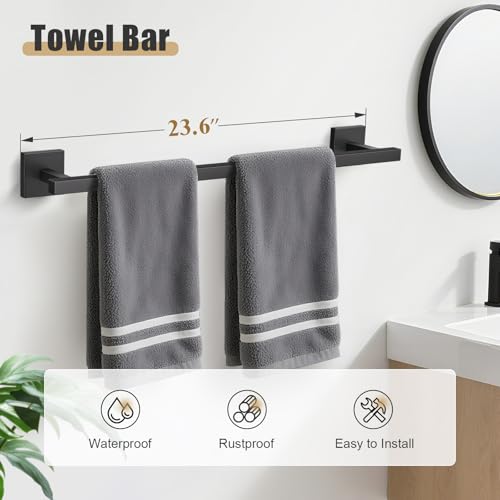 YACVCL 5-Pieces Matte Black Bathroom Hardware Accessories Set 23.6 Inch Towel Bar Set Upgraded Toilet Paper Holder with Shelf Stainless Steel Wall-Mounted Bathroom Hardware Set - color: Matte Black, size: 5Pcs