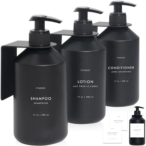 No Drill Wall Mount Shampoo and Conditioner Dispenser for Shower Gel Body Wash Soap Bottle Container Pump Black Refillable 3 Chamber Bottles, Bathroom Shampoo Dispenser for Shower Set Wall Mounted - color: Sophisticated Black