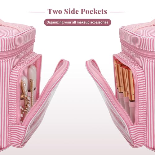 Large Makeup Bag, Portable Travel Makeup Bag Organizer for Women Girls with Makeup Brush Compartment & Two Side Pockets, Cosmetic Travel Bag Vertical Storage Toiletry Bag - Pink Stripe - color: 05-Pink Stripes, size: Medium