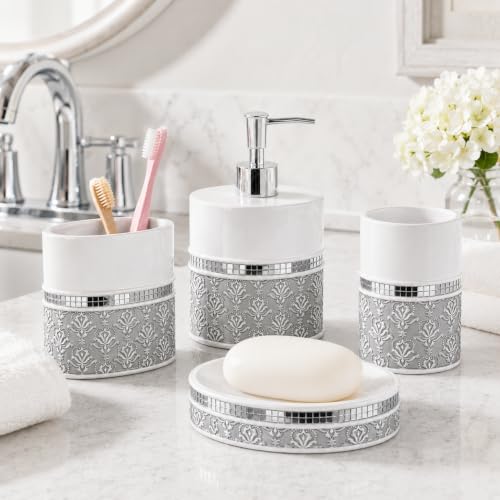 Mirror Damask Toothbrush and Toothpaste Holder - Bathroom Tumbler Cup | Gray & White round Electric Bathroom Tooth brush and Toothpaste Holder, Makeup Brushes organizer - color: Toothbrush Cup