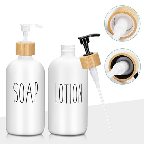 2 Pack 16 Oz Glass Soap Dispenser Set with Tray, Hand Dish Soap Dispenser Set for Bathroom and Kitchen Bottle Dispenser with Dish Soap, Hand Soap, Lotion (White（Soap） White (Lotion)) - color: White（soap）white (Lotion)
