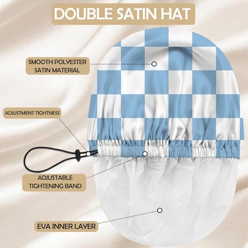 Shower Cap Adjustable Waterproof Double Layer Elastic Reusable Hair Bath Cap Cute Aesthetic for Women Girls-Checkered - color: R1-Checkered