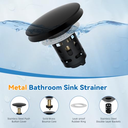 Universal Metal Bathroom Sink Stopper, Pop-Up Hair Catcher Strainer, Black | Large Cover Cap, Sink Drain Strainer with Detachable Double Filter, Drain Plug Fits 1.1"-2.36" US Basin, Brass Bounce Core - color: Matte Black
