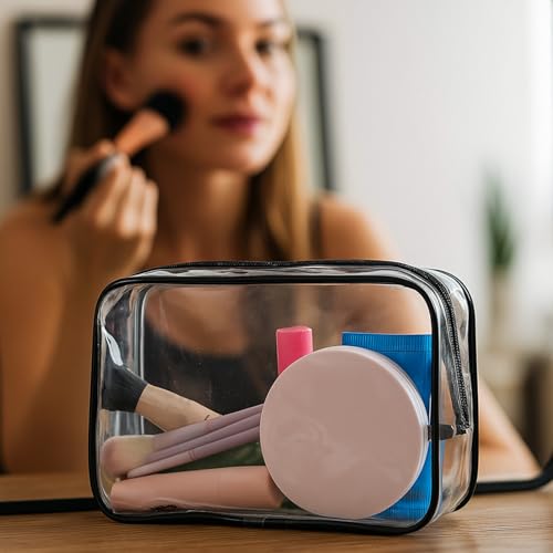 QfwdfcTrenz Pack Clear Makeup Bag, Waterproof Travel Toiletry Organizer with Zipper Cosmetic Pouch Makeup Brushes Bag for Women Men Transparent Make up Bags Black White Quart Size