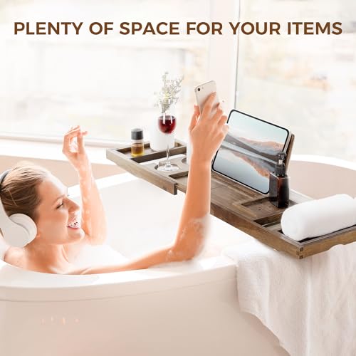 Teak Bathtub Tray - Luxury Bath Tray with Expandable Handles, Wine Glass and Phone Holders, Book Stand - Perfect for Home Spa Relaxation and Reading - Natural Bath Accessories - Dark Walnut Color - color: Dark Walnut-expandable