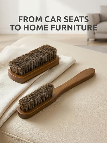 TAKAVU Leather & Upholstery Cleaning Brush Set, Soft Horse Hair Bristle | Car Detailing Brush for Alcantara, Leather Seats, Suede, Car Interior, Sofa & Convertible Tops