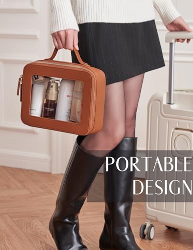 Popvibe Clear Makeup Bag Toiletry Case Travel Transparent Cosmetic Bag with Zipper, Portable Make Up Organizer Traveling Compact Car Bag for Essentials - color: Brown, style: Dual Elegance