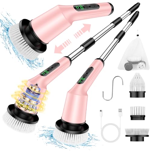 Electric Spin Scrubber for Cleaning Bathroom, Shower Scrubber Cordless Cleaning Brush with IPX7 Waterproof & 2 Speed, 3 Brush Heads, Bathroom Cleaning Supplies for Shower Tub Kitchen Tile Toilet Pink - color: Pink, size: 3 Brush Heads