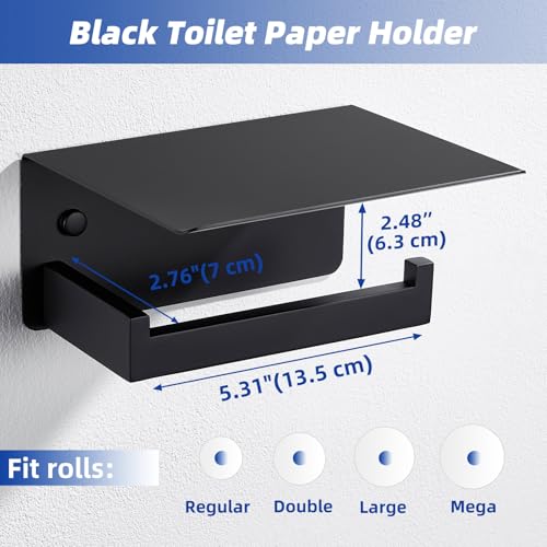 APLusee Toilet Paper Holder with Shelf Matte Black, 304 Stainless Steel Tissue Holder, Wall Mounted - color: Matte Black, size: Single Rod