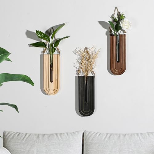 Dnnnii Indoor Wood Wall Planter Set of 3 for Plants - Boho Handmade Hanging Propagation Station with Curved Rainbow Design, Wall Mounted Vase for Flowers, Natural Home Decor Living Room Entryway - color: Black + Brown + Dark Brown