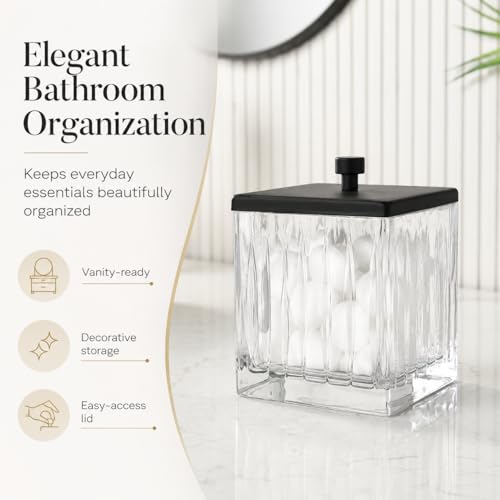 Vince Camuto Home Glass Cotton Jar Holder – Matte Black Lid, Elegant Bathroom Storage Canister for Qtips, Cotton Balls, Floss, Makeup Organizer, Vanity & Bathroom Organization - color: CLEAR GLASS MATTE BLACK LID