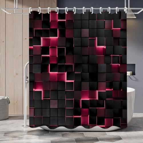 LQCOOL 4Pcs Pink Shower Curtain Set 3D Cubes Bathroom Sets Modern Shower Curtain Set for Bathroom Sets with Rugs Black and Pink Shower Curtain with 12 Hooks - color: Black Pink
