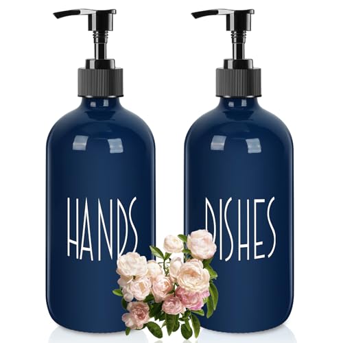 Dish Soap Dispenser for Kitchen - 16 OZ Glass Hand Soap Dispenser Set - Kitchen Bathroom Decor and Accessories (Navy Blue) - color: Navy Blue