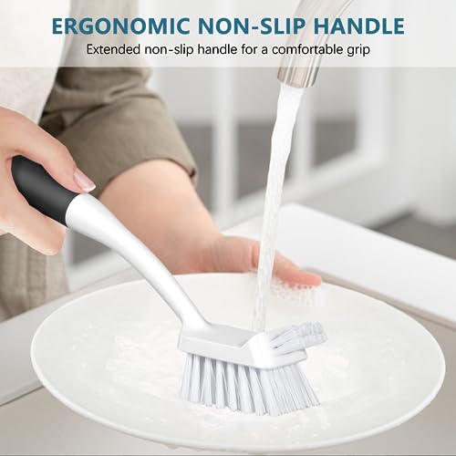 SetSail Dish Brush Set of 3 with Bottle Brush, Dish Scrub Brush with Long Handle Deep Cleaning Handle Brush with Scraper Tip for Kitchen Sink Dishes Bottle Cup Pot and Pans Tile Lines, Black - color: Black