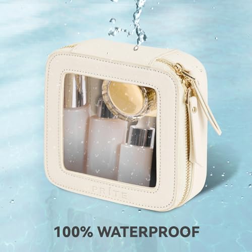Prite Small Makeup Bag for Women Portable Clear Makeup Bag Cute Mini Waterproof Travel Cosmetic Bag with Gold Zipper for Car Essentials(Beige) - color: Beige, size: Mini - Single Layer