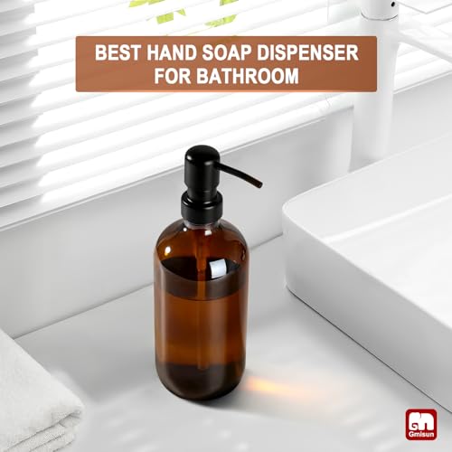 GMISUN Amber Glass Soap Dispenser, 1 Pack Dish Soap Dispensers for Kitchen with Rustproof Stainless Steel Pump, 17 Fl Oz Bathroom Hand Soap Dispenser, Brown Liquid Dishwashing Dispensers Bottle - color: Amber Bottle + Black Pump, size: 1 Pack