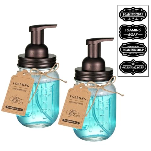 SheeChung Mason Jar Foaming Soap Dispenser-Rustproof Stainless Steel Lid & Foaming Soap Pump, Refill Foam Hand Soap Dispenser Glass for Bathroom Kitchen Vanities, Countertops-Bronze (2 pk) - color: Bronze-2pcs