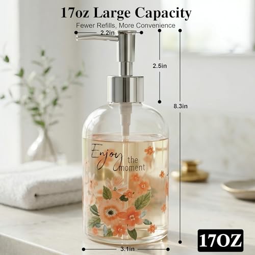 Topadorn Glass Soap Dispenser Set of 2, 17oz Refillable Hand & Dish Soap Pump Bottles, Floral & Botanical Bathroom Accessories, Decorative Kitchen Soap Dispenser Set, Cottagecore Farmhouse Decor - color: Pink and Green
