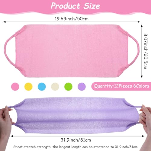 12 Pcs Exfoliating Back Scrubber for Shower with Handles Nylon Back Exfoliator Washers Stretchable Pull Strap Exfoliating Loofah Washcloth for Women Men Body Deep Cleaning Massages