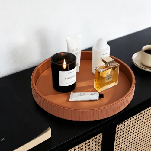 HofferRuffer Round Decorative Tray, Faux Leather Vanity Tray Decor, Decorative Catchall for Perfume, Bathroom Valet, Nightstand or Dresser (Brown Stripe, 12") - color: Brown Stripe