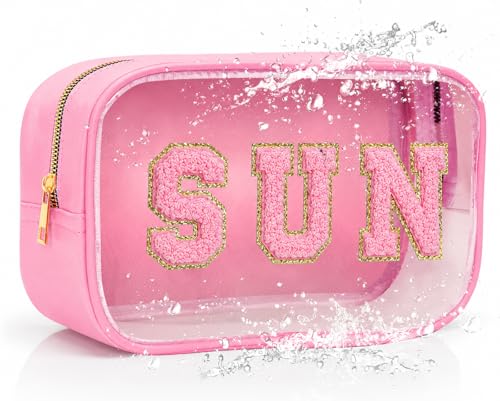 Clear Sunscreen Pink Makeup Bag with SUN Chenille Letter - Beach SPF Cosmetic Organizer, PVC Waterproof Toiletry Pouch for Women, Pool, Travel, Swimming - style: Pink-sun