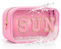 Clear Sunscreen Pink Makeup Bag with SUN Chenille Letter - Beach SPF Cosmetic Organizer, PVC Waterproof Toiletry Pouch for Women, Pool, Travel, Swimming - style: Pink-sun