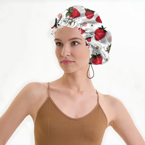 Luxury Shower Cap Satin Lined Reusable Waterproof Double Layer Elastic Adjustable Hair Bath Cap Cute Aesthetic Women Girls-Strawberry - color: F2-Strawberry
