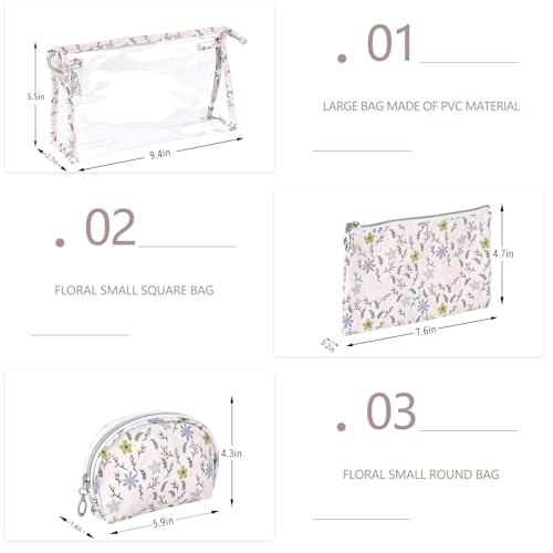 Richeart Makeup Bag, Clear Bag with Zipper, 3PC Floral Flowers Makeup Pouch, Waterproof Small Pouch, Portable Travel Toiletry Bag, D - style: D