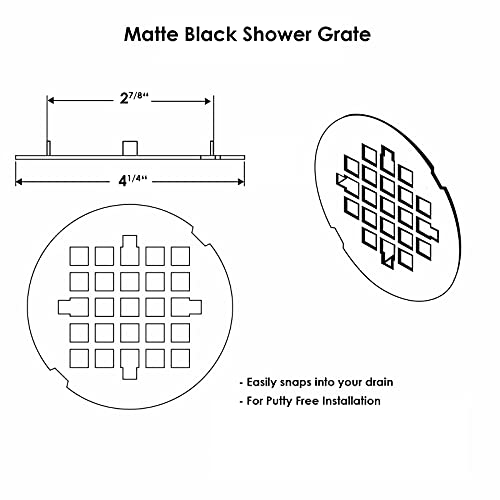 4 ¼” Matte Black Snap-in Shower Drain Cover - Premium Round Black Grate Replacement - 4.25" OD Strainer - Easy Install - Durable Solid Brass Construction - color: Black