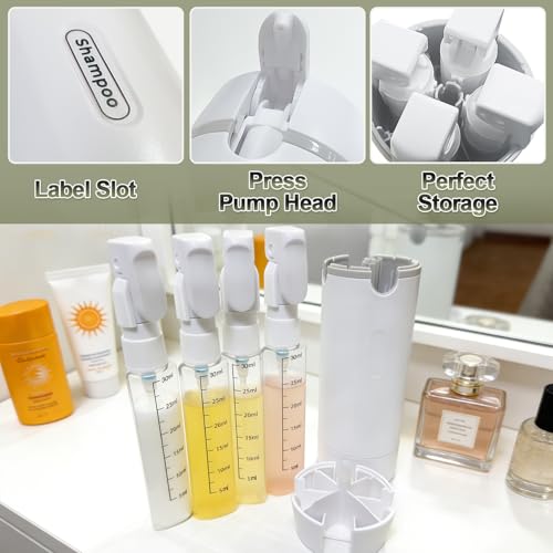 4 in 1 Travel Pump Dispenser Bottle, 30ML 4 Pack Leak-Proof Pump Containers with Measurement Scale & Label Stickers, Portable Bottles for Toiletries, Shower & Travel Use (Green)