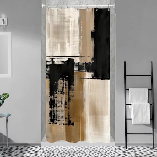 Miyotaa Abstract Modern Stall Shower Curtain Set 36Wx71H Inches Black Tan Taupe Contemporary Minimalist Brushstroke Neutral Small Half Waterproof Bathroom Curtain with Hooks - color: Black Tan, size: 36"W x 71"L (Pack of 1)