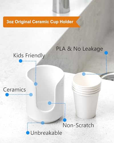 3 oz Original Ceramic Bathroom Cup Dispenser with 5 PLA Paper Cups, Bathroom Essential Accessories for Mouthwash Holder on Vanity Countertops (1 Pack, White) - color: White, size: 1 Pack