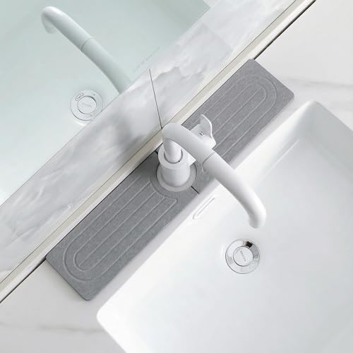 Diatomite Faucet Mat for Kitchen Sink, Quick-Dry Stone-Like Sink Mat, Flat Lay Absorbent Countertop Drying Mat for Faucet Area, Hard Diatomite Mat, Gray, 15.8 x 4 in - color: Gray-D2