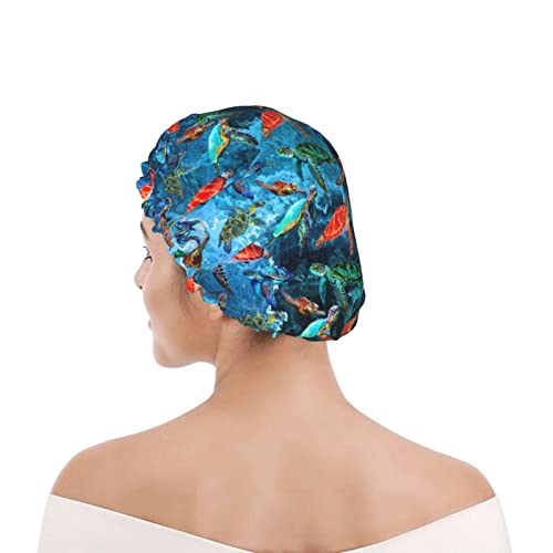 Sea Turtle Shower Cap For Women Adjustable Double Waterproof Layers Bathing Bath Cap Hair Protection Reusable Ladies Spa Salon Shower Hat - color: Sea Turtle