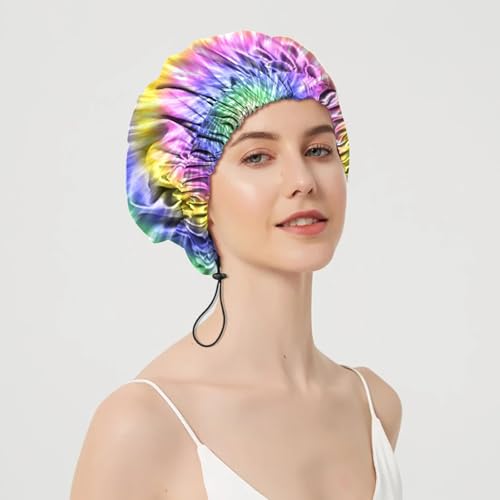 2 PCS Shower Cap Adjustable Reusable Double Waterproof Layer Elastic Hair Bath Cap Cute Aesthetic for Women Girls-Multicolour 2 - color: I17-Multicolour 2