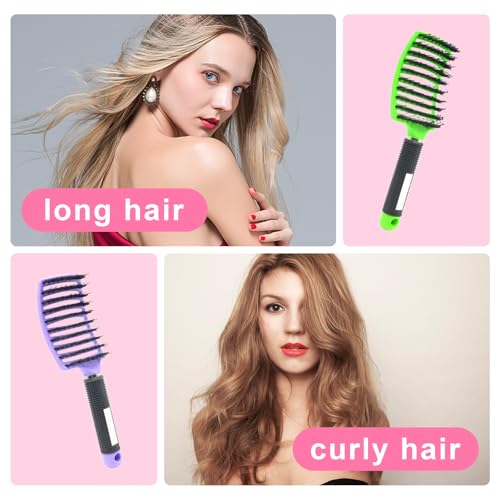 3 Pack Detangling Brush Getting Knots Out without Pain Adds Shine and Makes Hair Smooth, Detangler Boar Bristle for Adult & Kids Wet or Dry Hair(Pink/Purple/Green)