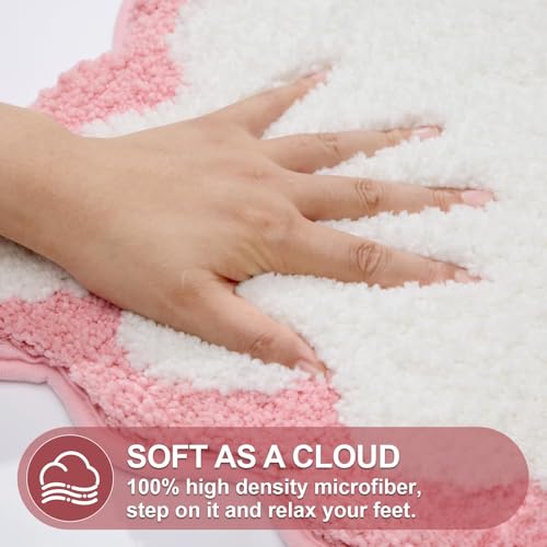ORTIGIA Small Cute Scalloped Bath Mat, White and Pink Plush Microfiber Scallop Bathroom Rugs Non Slip Washable Quick Dry Absorbent, Bathmat for Shower Stall Vanities Kitchen Floor Entrance, 17x24 - color: A-pink and White, size: 1'5" X 2'(rectangular)