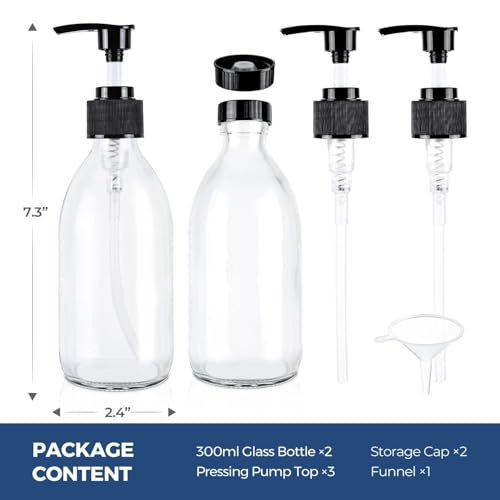 8 oz Clear Glass Pump Bottle, 250ml Small Lotion Dispenser Bottle for Body Massage Oil, Refillable Empty Hand and Dish Soap Dispensers Set with Storage Caps, Labels - 2 Pack - color: Clear