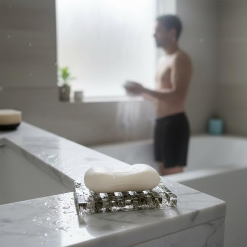 Soap Dish Rectangular Draining Holder with Natural Green Inclusions Handcrafted Bathroom Tray Modern Decor Accessory 4.33 x 2.99 x 0.59 Inches (Hair Crystal Double Drain Soap Rack)