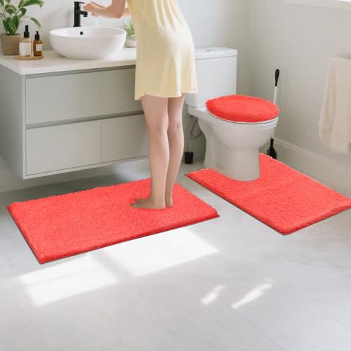 Bathroom Rugs Sets 3 Piece with Adjustable Toilet Seat Cover 17.5"x 15" Machine Washable Bath Rug Set with TPR Non Slip Rubber Backing Solid Bath Mat Set for Luxury Bathroom Decoration - color: Hot Coral
