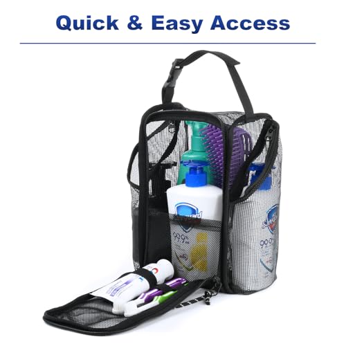 Cosmos Mesh Shower Caddy Toiletry Organizer Hanging Shower Tote Bag, Quick Dry Shower Organizer Portable Bath Bag with Durable Zippers & Side Pockets for Travel, Gym, Swimming, Beach and Camp - color: Black