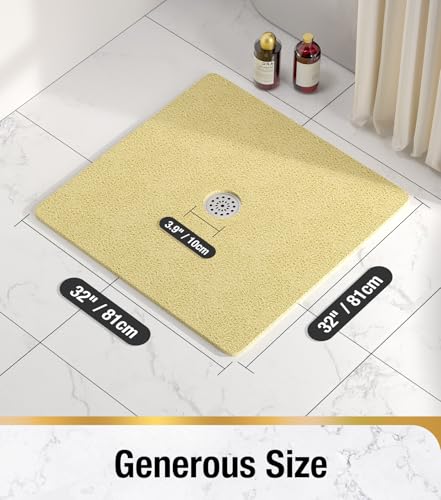 HITSLAM Square Shower Mat, 32 x 32 Inch Non Slip Bath Mat for Tub, Soft PVC Loofah Bathtub Mats with Drain Holes, Quick Drying Bathroom Stall Floor Mat, Bathroom Accessories Without Suction Cup, Beige - color: Beige, size: 32" x 32" (Square)