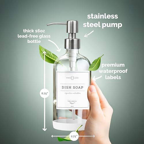 Vine Creations Clear Glass Soap Dispenser, 2 Pack Kitchen Soap Dispenser Set with Stainless Steel Pump, 16 oz Hand Soap or Dish Soap for Bathroom or Kitchen with Waterproof Labels - color: Clear Bottle / Silver Pump