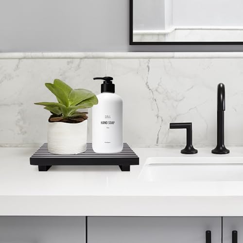 Wood Pedestal Table Stand for Bathroom Tray Kitchen Counter Decor Decorative Wooden Display Risers for Kitchen Sink Accessories Soap Tray Vanity Black Bathroom Counter Organizer Decor Dish Soap Holder - color: Black, size: 10" x 6" x 1.6"