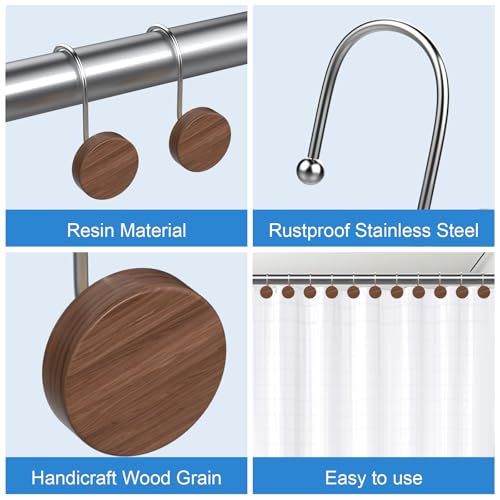 Shower Curtain Hooks, Decorative Shower Curtain Rings for Shower Curtain, Imitation Wood Grain Resin Shower Curtain Hangers, 12PCS Waterptoof Shower Hooks for Bathroom, Bedroom, Plant Hanger (Silver) - color: Silver