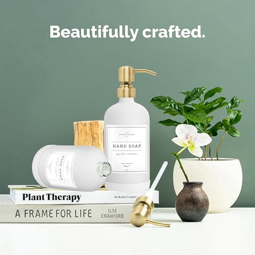 Vine Creations White Glass Soap Dispenser, 2 Pack Kitchen Soap Dispenser Set with Stainless Steel Pump, 16 oz Dish Soap and Hand Soap Dispensers for Bathroom with Waterproof Labels - color: Matte White Bottle / Brushed Gold Pump