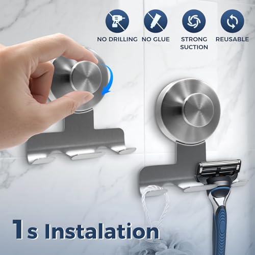 Suction Cup Razor Holder for Shower,Heavy-Duty 7KG Suction Hooks for Razor,Towel,Loofah,Removable Damage-Free Metal Shower Hook,Shaver Holder,2 Pack(Brushed Silver) - color: Brushed Silver