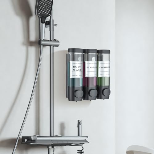Shampoo and Conditioner Dispenser Shower Dispenser Body Wash Wall Mounted Shampoo Dispenser for Shower Wall No Drill for Bathroom Hotel 3 Chamber x 300ml Black with Waterproof Labels - color: Black 3