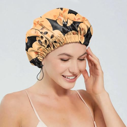 2 PCS Shower Cap Reusable Waterproof Double Layers Hair Caps Shower Bath Adjustable Elastic Hat for Women Girls Cute Aesthetic-Bat - color: AI1-Bat