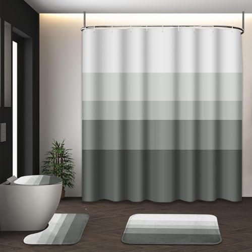 Striped Grey Shower Curtain Set with Toilet Lid Cover and Non-Slip Rugs for Bathroom, Minimalist Neutral Ombre 4 Pcs Shower Curtain, Modern Bathroom Set with 12 Hooks - color: Ombre Grey